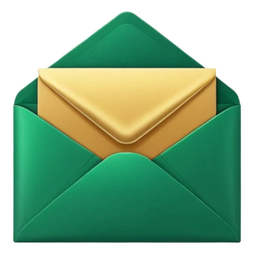 3D minimal envelope icon with subtle star or sparkle accent, matte finish, deep green (#0B3D2C), gold (#C9B037) sparkle, Apple style, sleek and premium, soft shadow, transparent background sticker