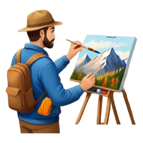 Artist painting a beautiful autumn mountain peak destination on canvas sticker