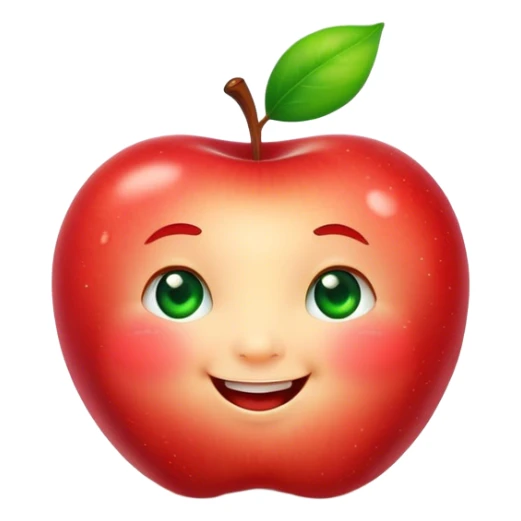 Cute Kawaii Apple, round and plump, bright shiny red with a tiny green leaf, chubby cheeks, sparkling eyes, a happy smile, soft glowing highlights, radiating fresh sweetness! sticker
