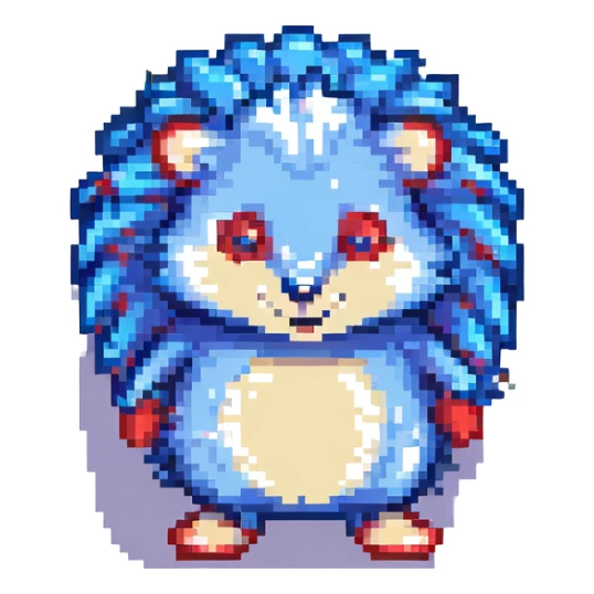 Sonic the Hedgehog, blue cartoon hedgehog with red shoes, energetic pose, pixel art style sticker