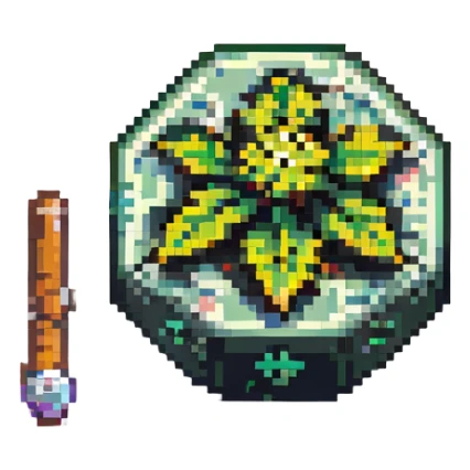 20-sided die d20 pixel art style holding or next to a rolled up weed joint sticker