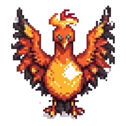 Transform this pixel art phoenix into a dark phoenix: make the bird's body black, with shining, vivid flames in orange, red, and yellow. Keep the background transparent. sticker