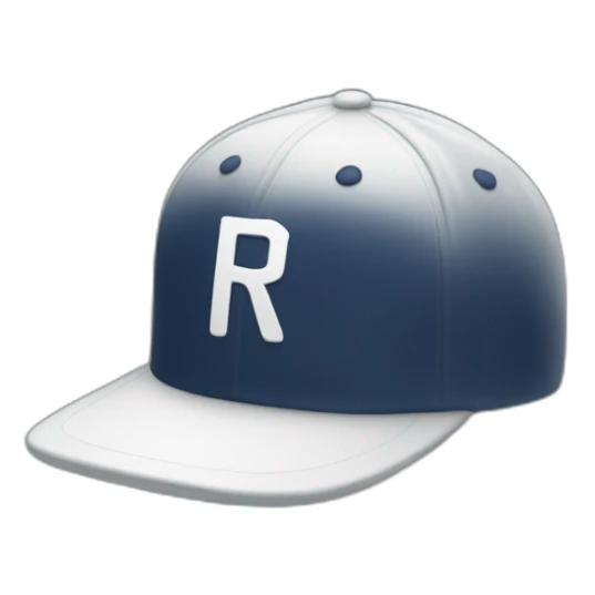 a navy baseball cap with a small white letter R on the front, seen from the side sticker