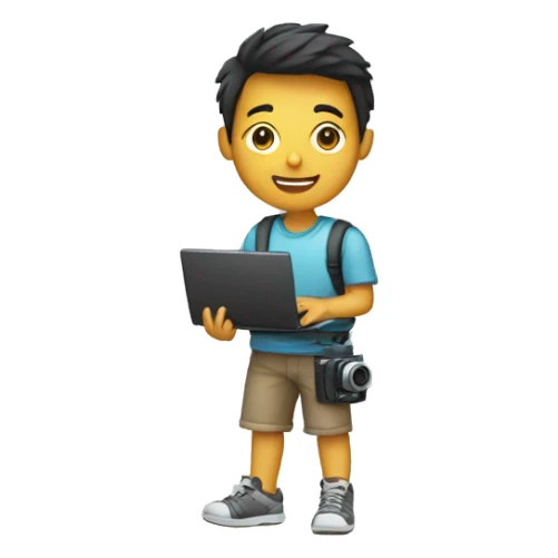 A boy having camera in one hand and laptop in other sticker