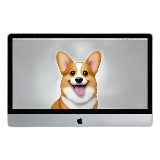corgi sits behind apple-imac monitor sticker