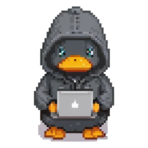 black rubber duck with tiny hoodie and a laptop, hacker sticker