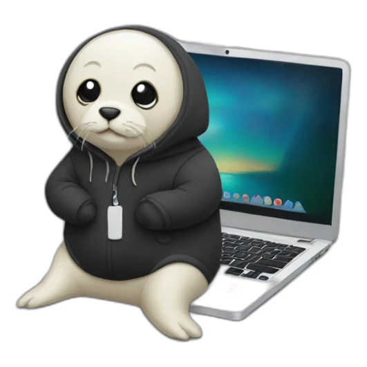 seal in black hoodie with laptop sticker