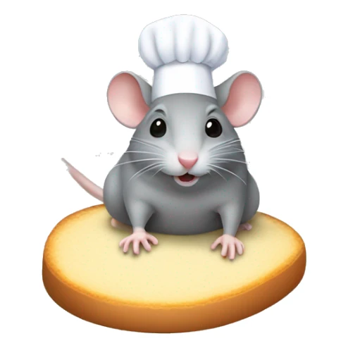 small gray rat on top of a chefs hea sticker