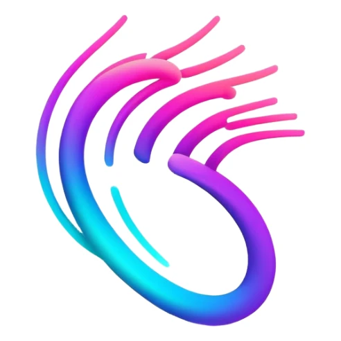A futuristic abstract logo with curved dynamic lines resembling a subtle hand motion, glowing neon gradients, minimal and modern sticker