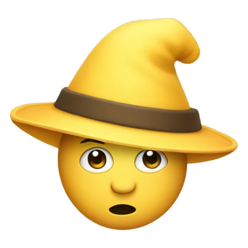 A yellow emoji wearing a conical hat, with a playful expression, thin mustache, and small goatee sticker