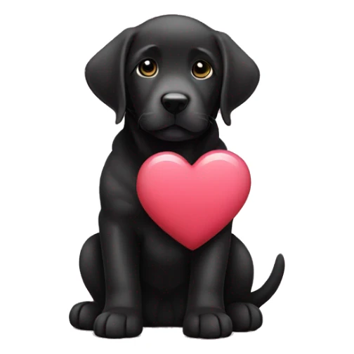 sitting black labrador puppy is holding a heart sticker