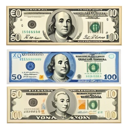 Icon for Banknote Collecting: old and new banknotes from different countries such as Euro, Dollar, Yen, Krona, Yuan, and others, displayed in frames on a wall. The icon should evoke the diversity and richness of currency collection. Transparent background. sticker