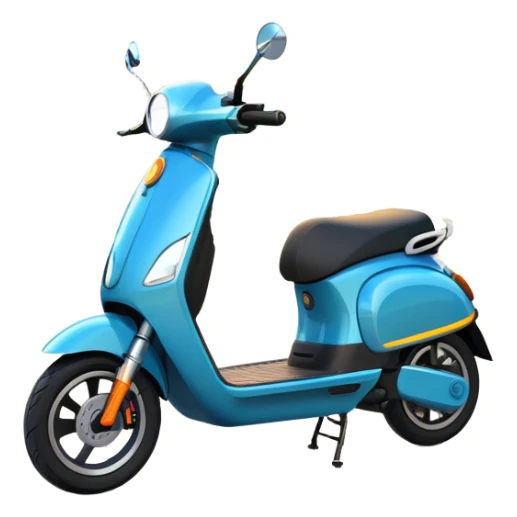 An icon featuring a sleek electric scooter parked on a scenic path. The background showcases a vibrant city park with green trees, flowers, and a clear blue sky. The sun sets in the distance, casting a warm golden glow on the landscape. Transparent background sticker