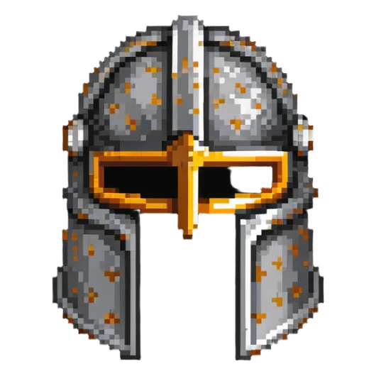 Antique medieval helmet with light rust markings and battle wear sticker