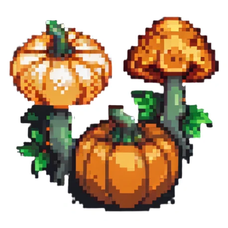 heart with a mushroom on one side and a pumpkin on the other, pixel art style sticker