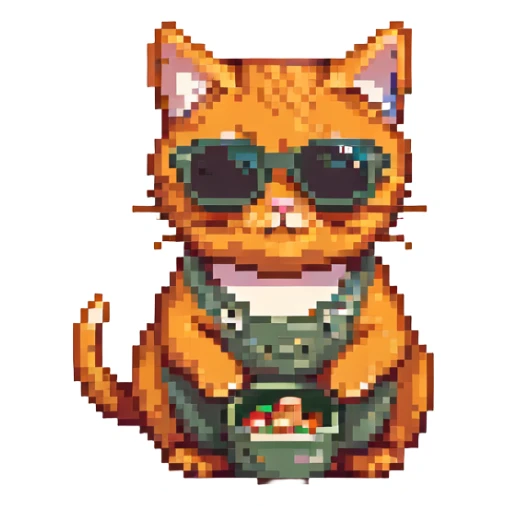 Make the cat orange, keep the pixel art style, cat wearing sunglasses and eating a mouse, with no background. sticker