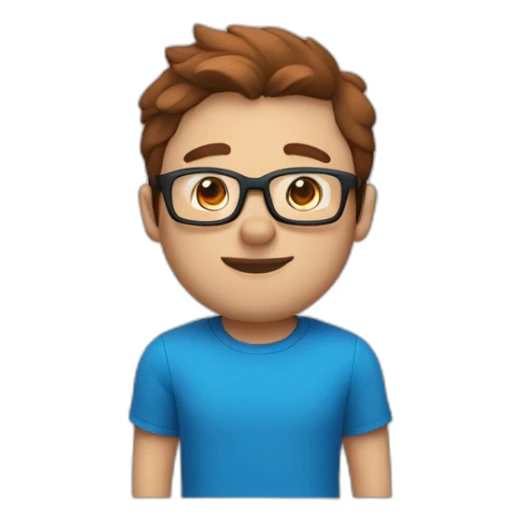 Slightly husky guy with reddish-brown hair a short beardand black glasses in a blue t shirt and blue eyes sticker