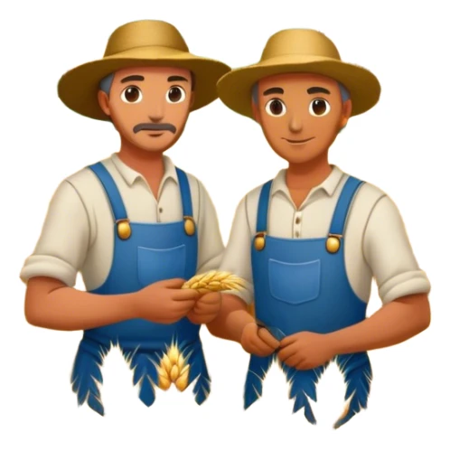 two medieval farmers, working a field of wheat crops. Surrounded by a landscape and small houses sticker