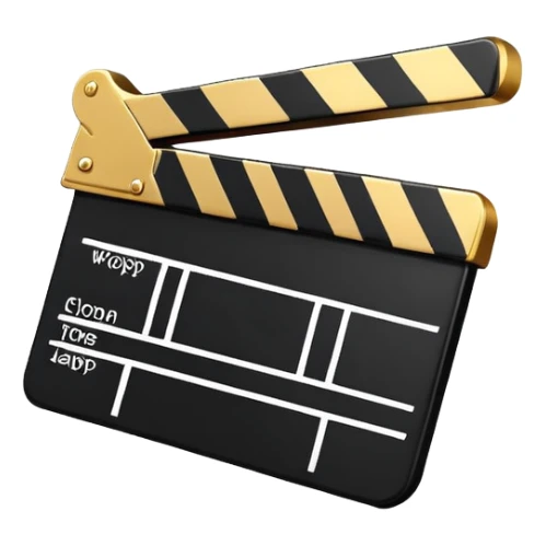 cartoon movie clapper, simple design with gold top part and white bottom part, black diagonal stripe sticker