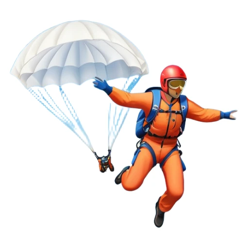 A base jumper soaring through the air, parachute deployed, flying off a steep mountain peak. The background is filled with majestic mountains, clear blue sky, and distant clouds, capturing the exhilarating thrill and beauty of extreme sports. sticker