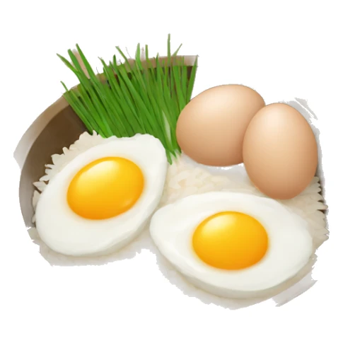 a bowl of rice with two eggs and two chicken sticker