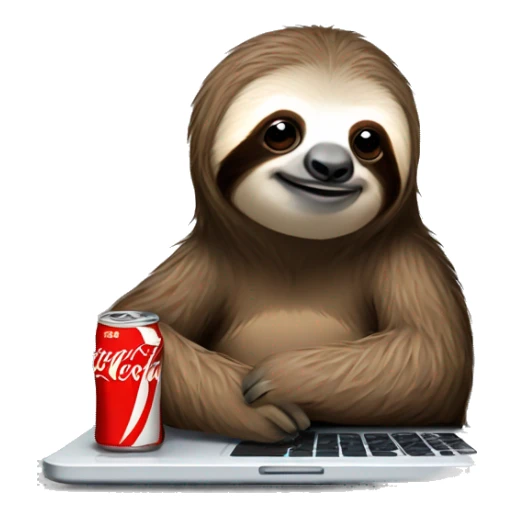 tired sloth with coca cola can and laptop sticker