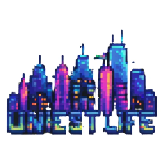 Night Life Universal logo, pixel art style, neon colors, cityscape background sticker