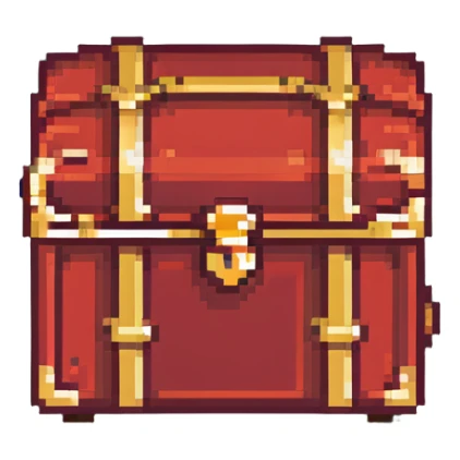 A red RPG treasure chest with gold trim, 16-bit style sticker