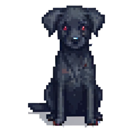 black dog, pixel art style, simple and blocky, sitting sticker