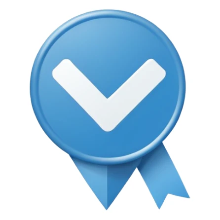 blue badge with a white check mark, simple flat vector style, no shadows sticker