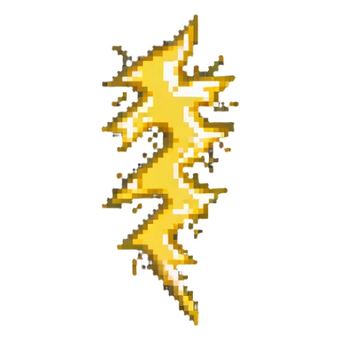 Speed power-up sprite, 64x64 pixels, bright yellow and gold lightning bolt symbol centered on tile, clean pixel edges, glowing effect, simple recognizable design that clearly communicates speed increase sticker