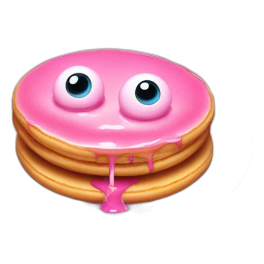 Pink small pancake with candle, and two eyes in the glaze, two teeth crawling out from under the glaze sticker