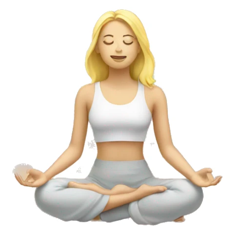 A blonde woman meditating, surrounded by a rainbow sticker