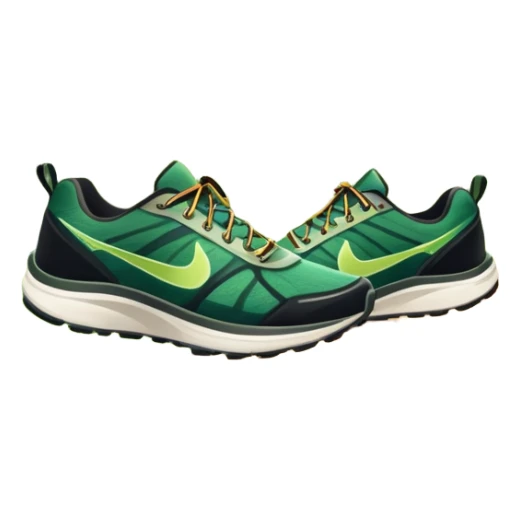 A dynamic icon featuring a pair of running shoes in motion on a scenic trail, surrounded by trees and mountains. The background shows a sunrise, symbolizing energy and passion for running. Transparent background enhances the focus on movement and the joy of outdoor jogging. sticker