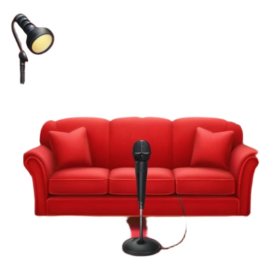 red velvet couch, stand microphone, houseplants, karaoke sign sticker