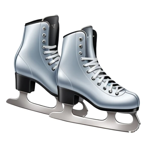 An icon featuring a pair of elegant figure skates resting on scratched ice in the center of an ice stage. The background shows distant spectator stands, with soft spotlights highlighting the skates. Transparent background emphasizes the quiet beauty of the scene. sticker