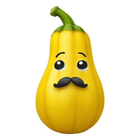 yellow squash with a happy face and feet and legs and a mustache sticker