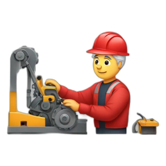 Industrial professional senior mechanical assembler working on the assembly of heavy machinery with a red outfit sticker