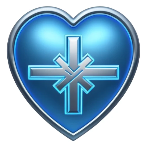 Futuristic premium medical AI logo emoji, sleek metallic heart or shield, ECG line forming stylized letters AI, neon blue and silver, 3D effect, glowing edges, minimal but bold, tech-savvy, high-tech healthcare branding, instantly recognizable, viral-ready, vector flat style with subtle shadows sticker