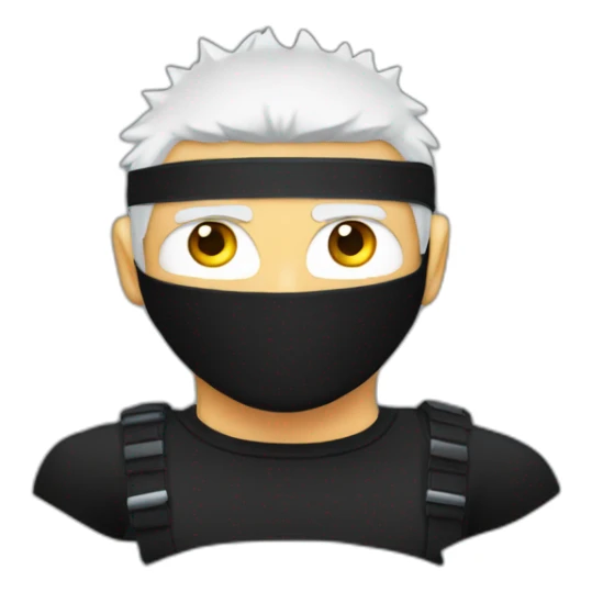 White male with spiky white hair eyes covered with black blindfold wearing a black compression shirt sticker