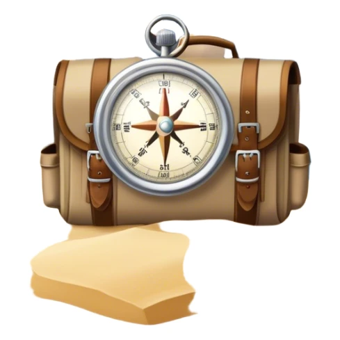 Icon for Expeditions: a compass, a map, a backpack and a rugged expedition jeep, set against a backdrop of snowy mountains, sand dunes and tropical islands. The icon should capture the spirit of adventure and exploration in diverse landscapes. Transparent background. sticker