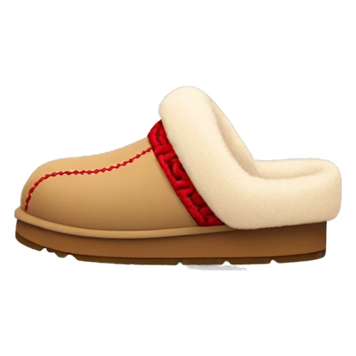 Ugg Camel slip-on slippers. A thin red zig-zag stitch only encircling ankles, VERY chunky platform sole. sticker