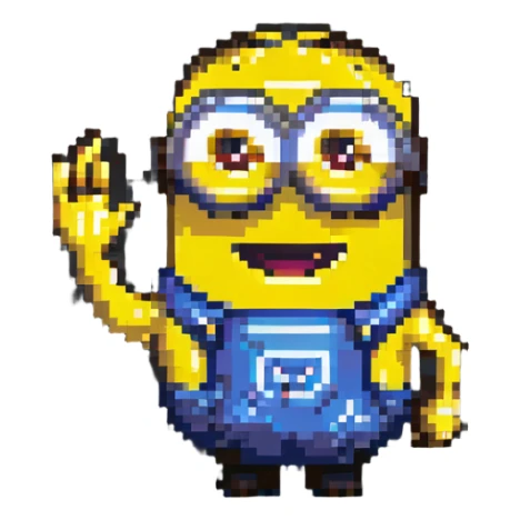 happy Minion pixel art character, two eyes, waving hand sticker