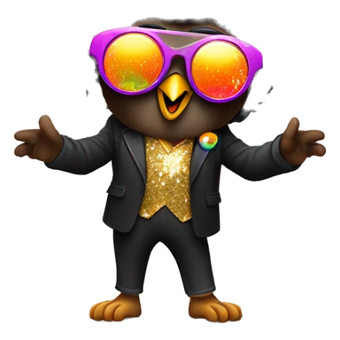  A cute short stubby brown owl with a black Afro and disco sun glasses and a colorful disco suit doing a pose with one finger in the air full body dance sticker