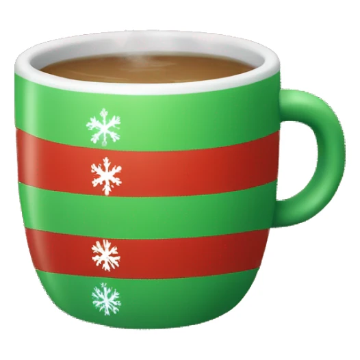 mugs with a hot drink decorated with snowflakes or a striped caramel stick. Steam rises from the mug in the shape of hearts. The color of the mug is warm red or green to convey the New Year mood sticker