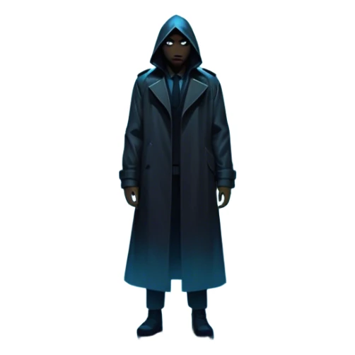 Movie Poster: A tense, gripping design with dramatic lighting. Shadows loom, and ominous shapes emerge from the mist. Suspenseful and cinematic atmosphere.  Include a mysterious figure in a dark coat standing in a rain-soaked alley, with glowing neon signs in the background. Transparent background. sticker