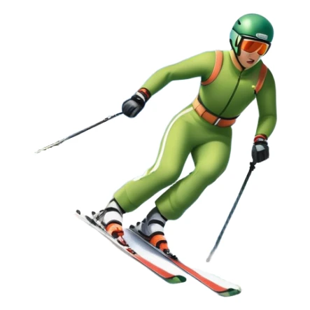 An icon featuring snowy peaks, pine trees, and a picturesque mountain landscape with a skier racing down a snow-covered slope, The sky is blue with soft clouds, capturing the thrill and beauty of alpine skiing. Transparent background highlights the excitement and serenity of winter sports. sticker