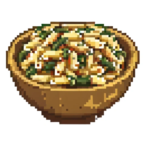 a bowl of pasta, pixel art style sticker