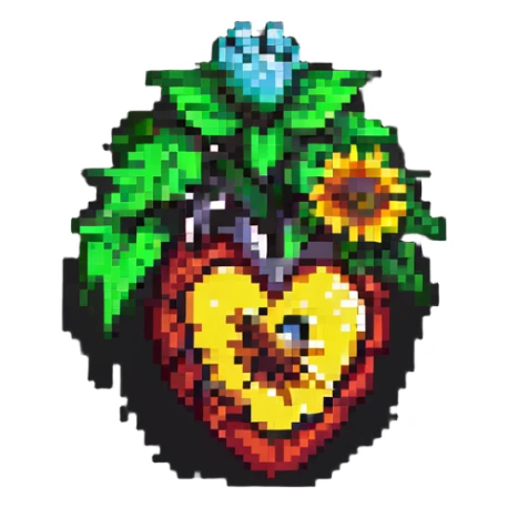 a human heart entwined with a sunflower, retro game aesthetic, pixel art sticker