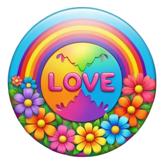 A round psychedelic colored button that says love with rainbow colored hippie style flowers sticker